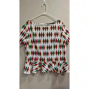 Women's Christmas harlequin print peplum shirt, Laura Byrnes California 4X